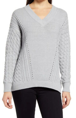 Caslon Cable V Neck Sweater Women M Medium Gray Relaxed Fit Cotton Acrylic Blend